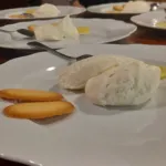 Spoon dessert with dry biscuits, buffet service for events