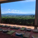 Terrazza coperta con vista sulle colline del Chianti, cucina con uliveti sullo sfondo